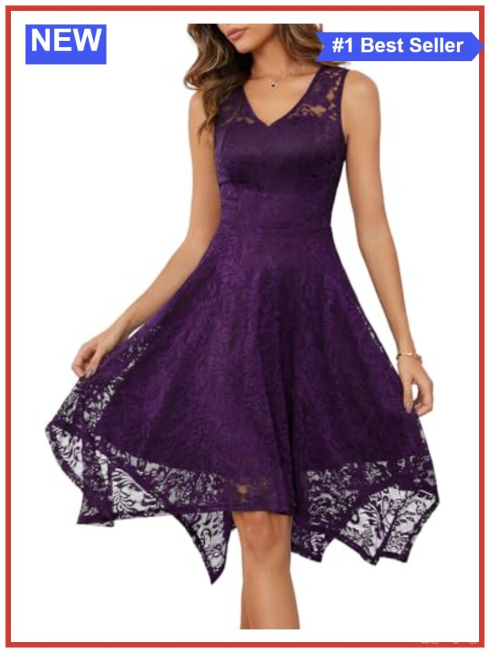 Lace Cocktail Party Dress Handkerchief Hem V-Neck Wedding Guest